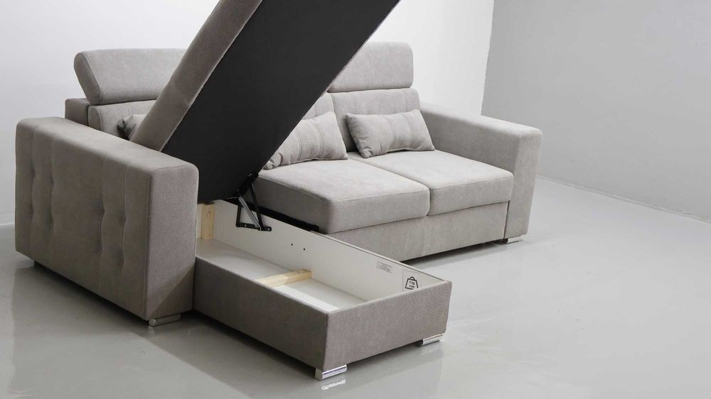 THS NAROŻNIK funkcja spania pojemnik regulowane oparcie SOFA szara