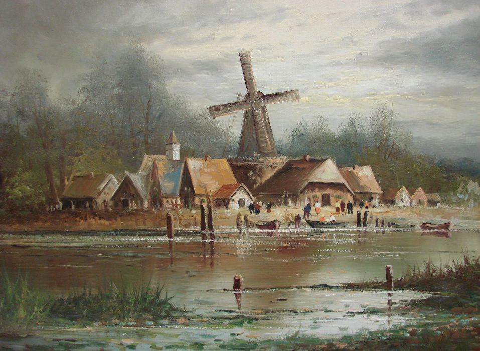 Wioska przy Rzece - Piękny Obraz na Płótnie - 135 x 75 cm G. Seekatz