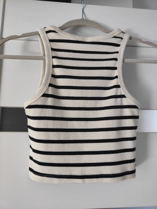 H&M S crop top w paski kremowy basic prążkowany