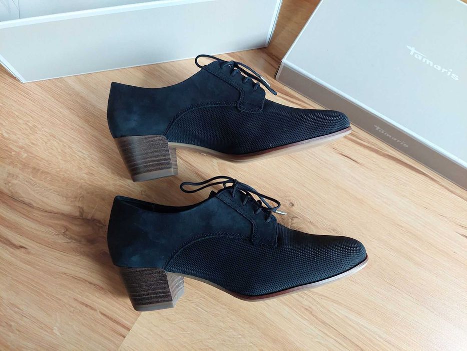 skórzane buty tamaris 37 półbuty granatowe podeszwa anti-slide wiązane