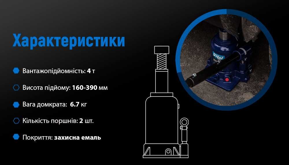 Домкрат гідравлічний телескопічний 4т 2х циліндровий  підйом 160-390мм