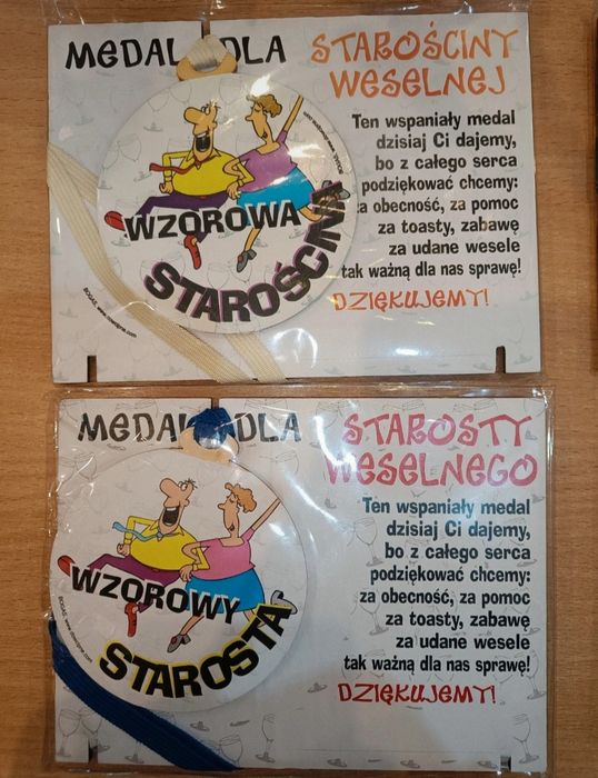 Zestaw 4 medali dla starostów weselnych, starosta, starościna, medal