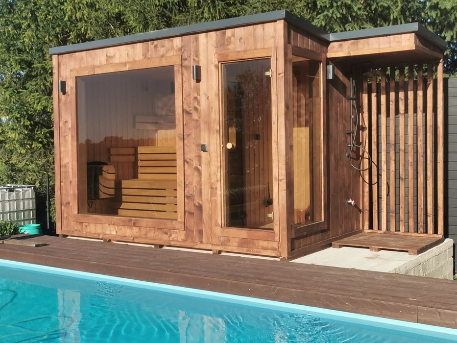 Sauna Ogrodowa Ocieplona zewnętrzna 4,5x2m Prysznic Piec Delux