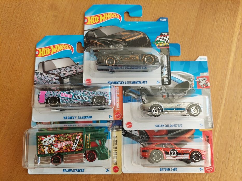 Hot Wheels 2018 Bentley Continental  GT3, Shelby Cobra 427 S/C,  Datsun 240Z, '83 Chevy  Silverado', Raijin  Express