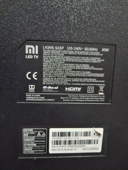 Xiaomi Mi TV 4S 43" L43M5-5ASP avariada – para peças