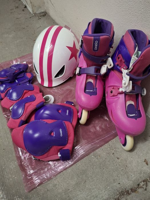 Patins em linha de menina, capacete e proteções