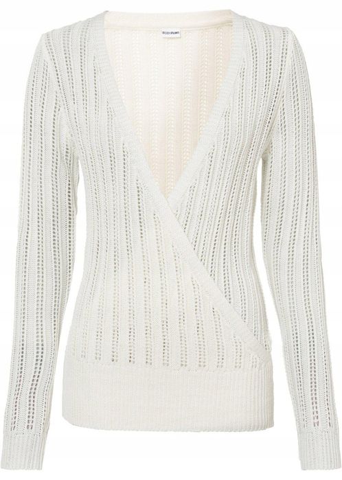 B.P.C ecru śmietankowy sweterek kopertowy ażurowy ^32/34