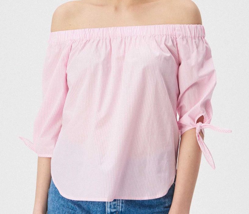 Bluzka hiszpanka, off shoulder, różowa, wiązania, paseczki