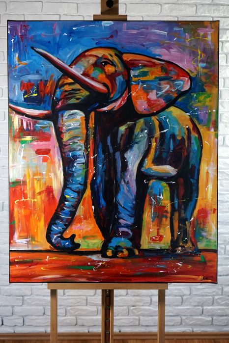 Oryginalny ręcznie malowany obraz olejny zwierzęta słoń abstrakcja