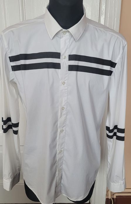 Koszula męska biała w paski na rękawach, rozm. XXL
