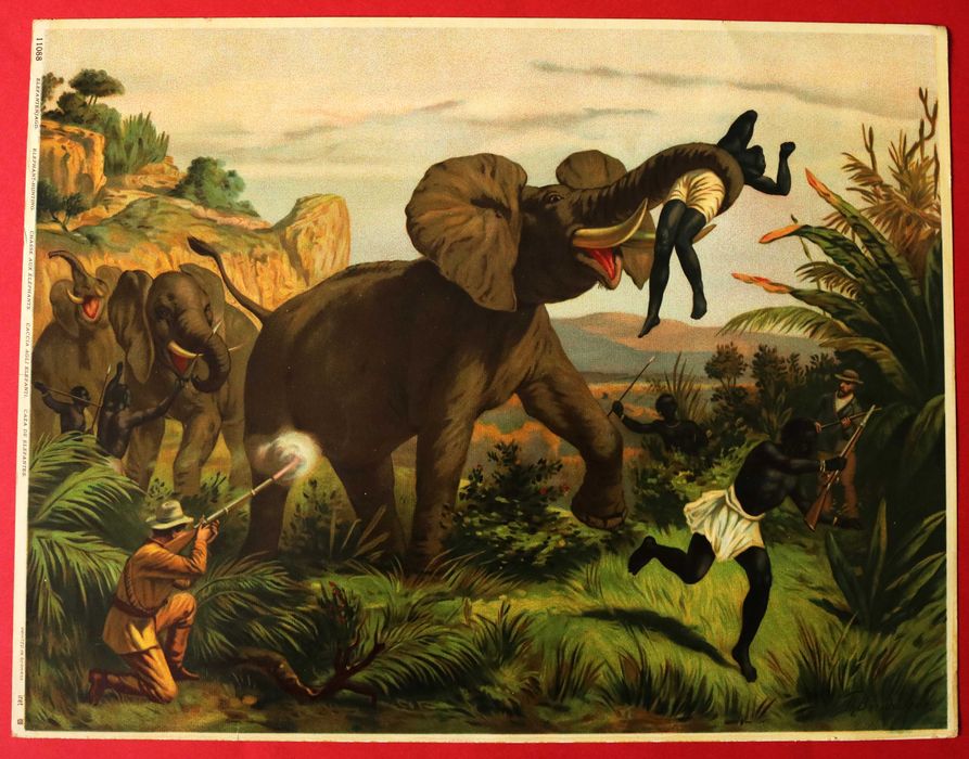 Caça aos Elefantes grande cromolitografia 1885 Theodor Breitwieser