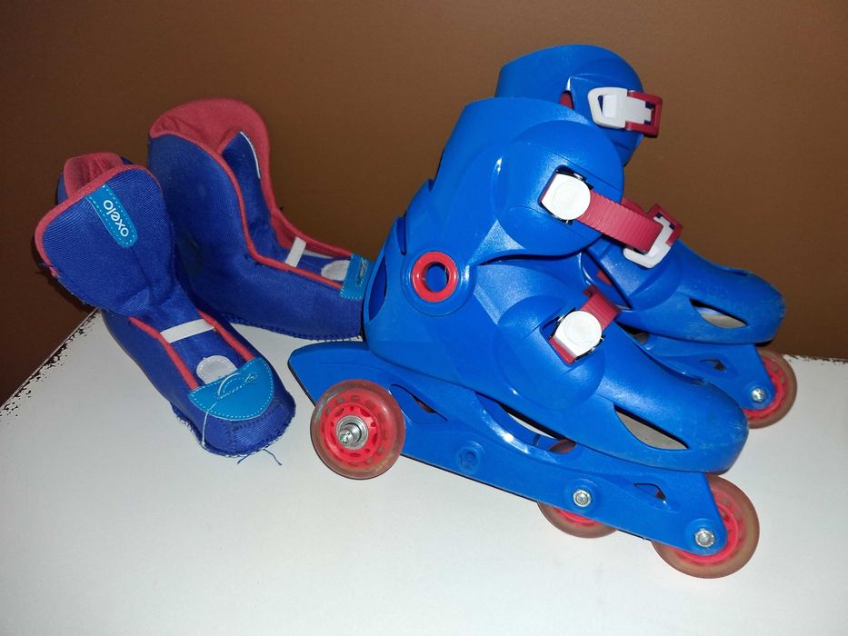 Patins criança tamanho 32 com joelheiras, cotoveleiras, saco tiracolo e proteção mãos e punhos