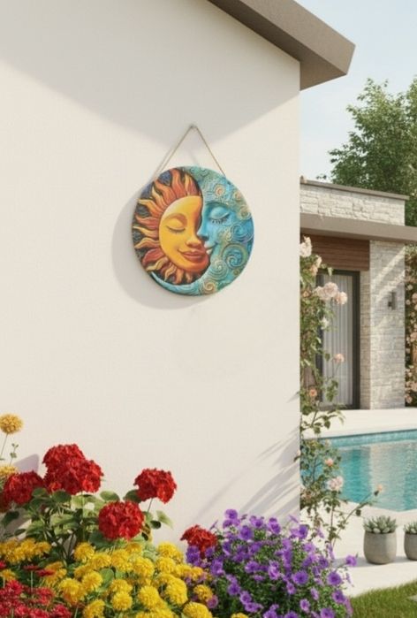 Quadro decorativo sol e lua em madeira