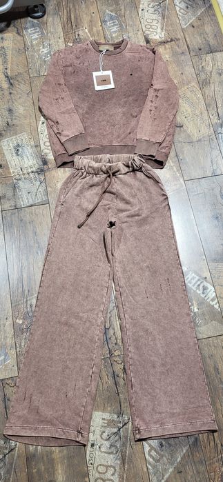 Czekoladowy dekatyzowany dres komplet bawełna premium włoski S M