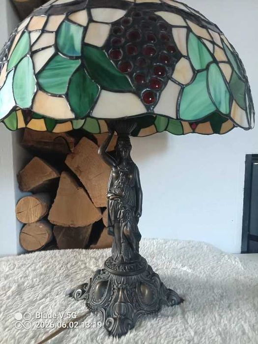 Stara lampa witrażowa kobieta winogrona sygnowana Honsel Ala Tiffany