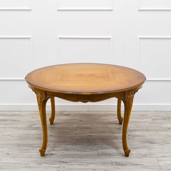 Drewniana ŁAWA francuska LUDWIK okrągła Ława BLAT DEKOR orzech lata 60