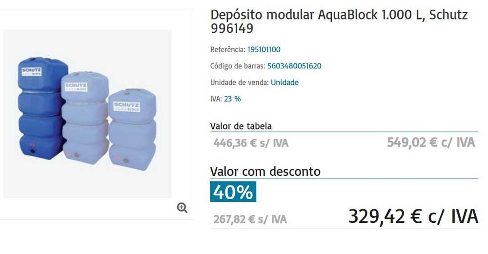 Depósito Água Potável 1000L SCHÜTZ Aquablock NOVO (Nunca usado)