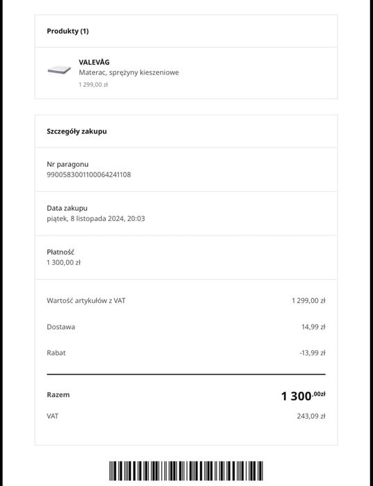 Materac 160x200x24 cm Ikea, sprężyny kieszeniowe