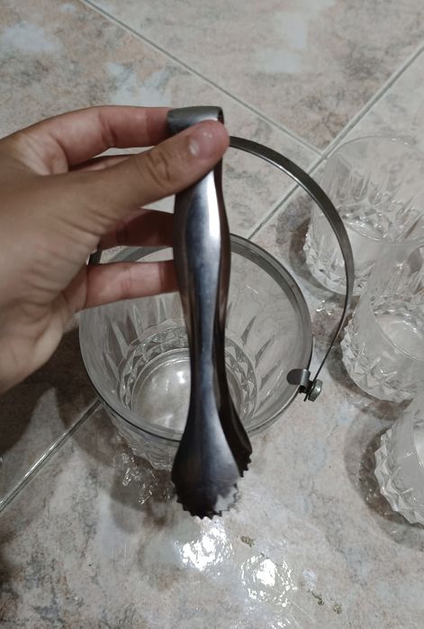 Lote 6 Copos Vidro whisky com Balde Metal + pinça