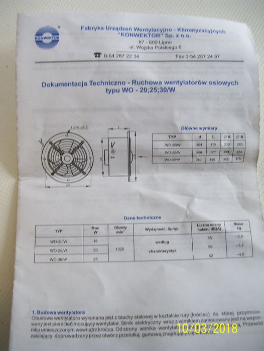 Wentylator osiowy WO 20 W 1320 obr/min firmy Konwektor