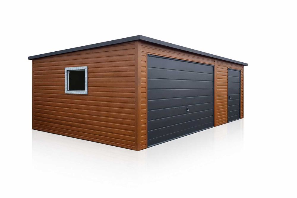 Garaż Blaszany 5x5m Drewnopodobny Spad na Tył Brama Uchylna Grafit