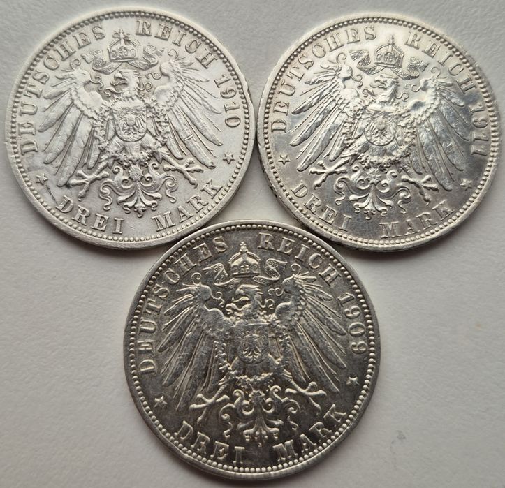 Німеччина імперія 3 марки 1909 - 1911 рр. 3 монети срібло