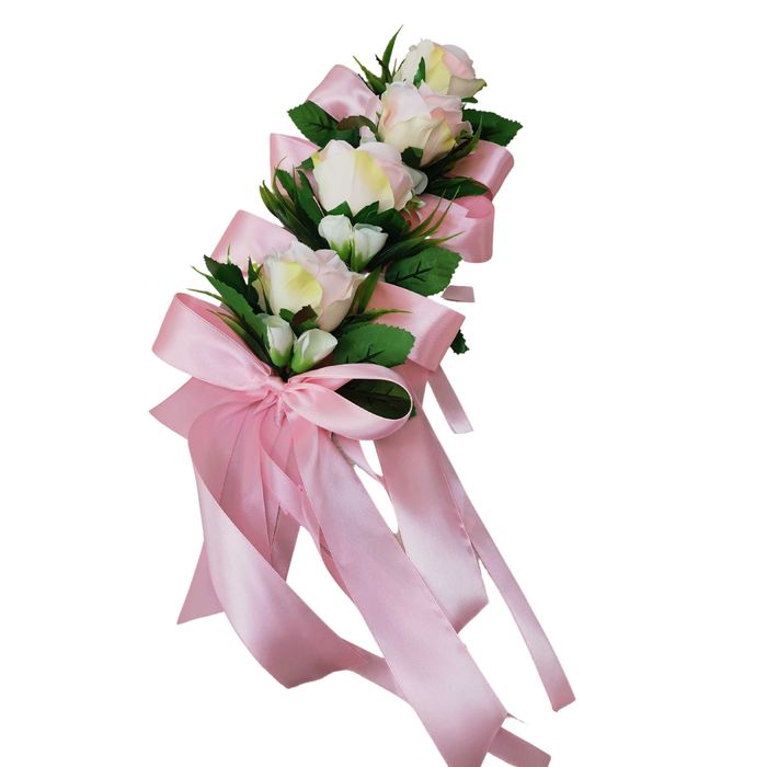 Kokardy z bukietem na klamki samochodu ślubnego, różowe 4szt.