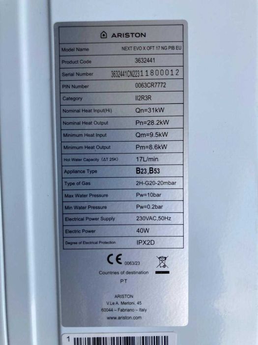 Esquentador Ariston Next EVO X OFT 17 NG PIB EU
