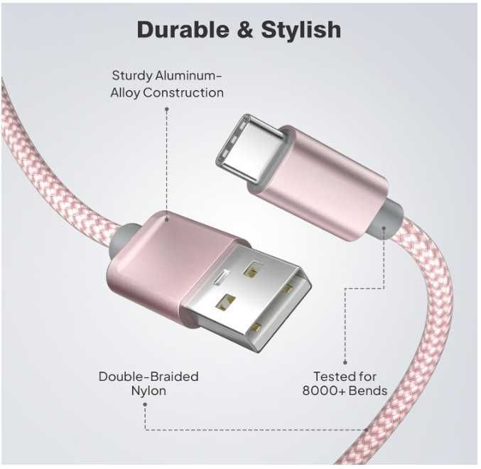 Kabel USB A do USB C w oplocie 3 sztuki 0.5/1/2m różowy Elebase