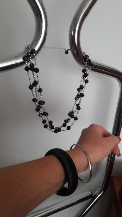 Naszyjnik koraliki czarne srebrne +2 bransoetki