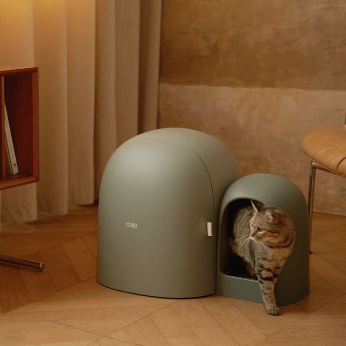 Caixa de areia para gatos fechada da marca Makesure (modelo Max), em tom verde-claro