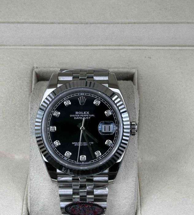 Clean Factory Rolex Datejust 41mm Jubilee Black Dial with Diamonds, White Gold Fluted Bezel, 904L Steel, Best Edition 3235 Movement