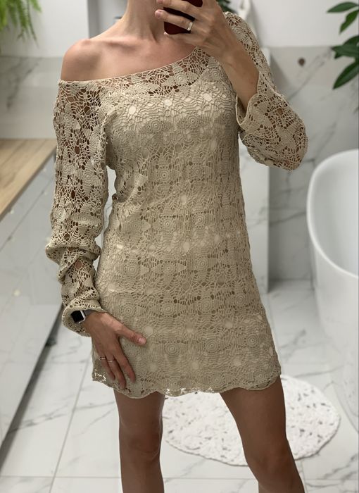 Sukienka szydelkowa azurka siatka bezowa azurowa na wakacje lato 36