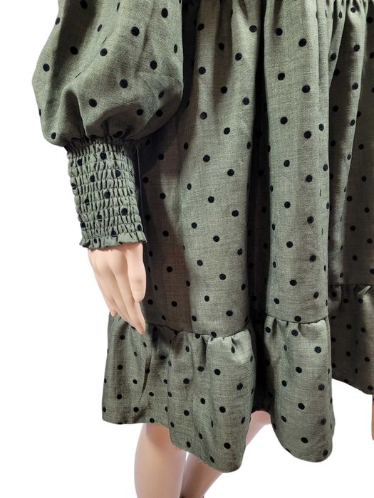 Nowa sukienka khaki 38,M Primark wzór kropki groszki falbany bufki