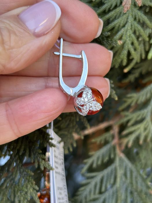 Срібний набір з золотом і натуральним бурштином, сережки+каблучка