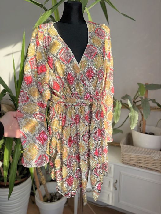 Asos cekinowa sukienka mini kopertowa 42 xl 40 L rochie