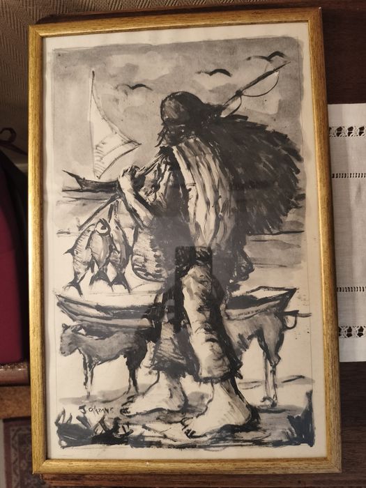 Desenho a carvão assinado pelo autor emoldurado