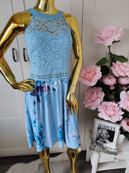 Nowa błękitna sukienka koronkowa w kwiaty styl Boho R.40/42