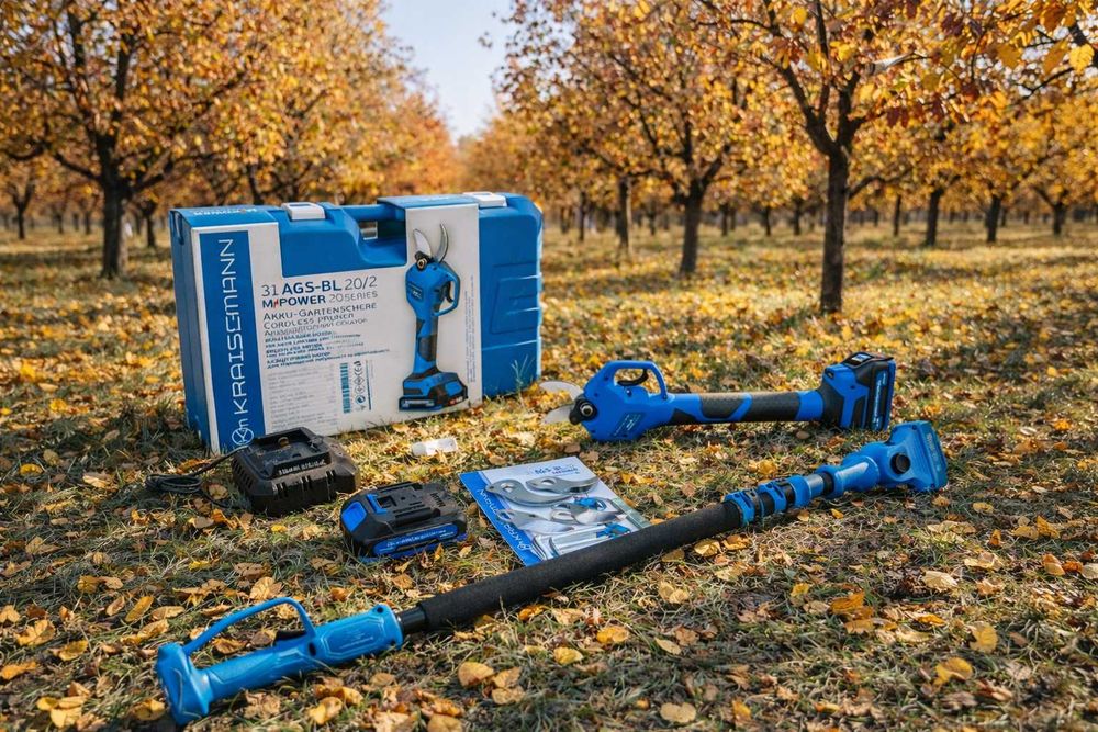 Подовжувач (2 та 2,5 м), міні пила, секатор та акумулятори KRAISSMANN