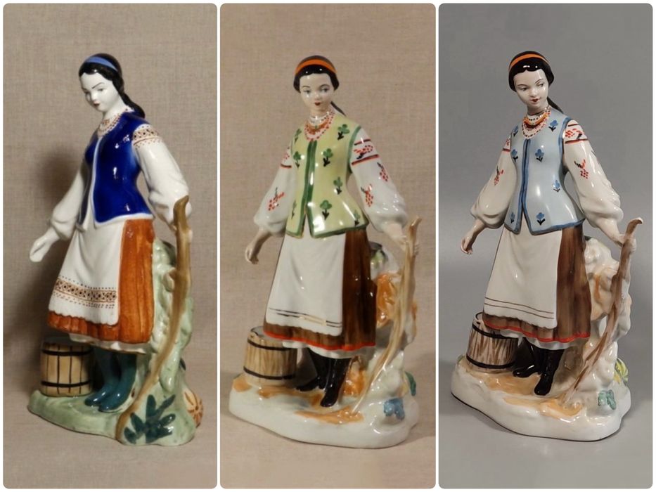 Статуэтки ДЕВУШКА У ПЛЕТНЯ С КОРОМЫСЛОМ Барановка Славянск фарфор СССР