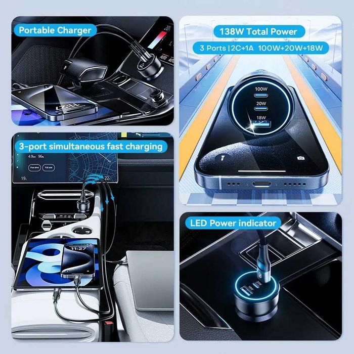 Потужна Автомобільна зарядка ASOMETECH 138W USB Type C GaN iPhone