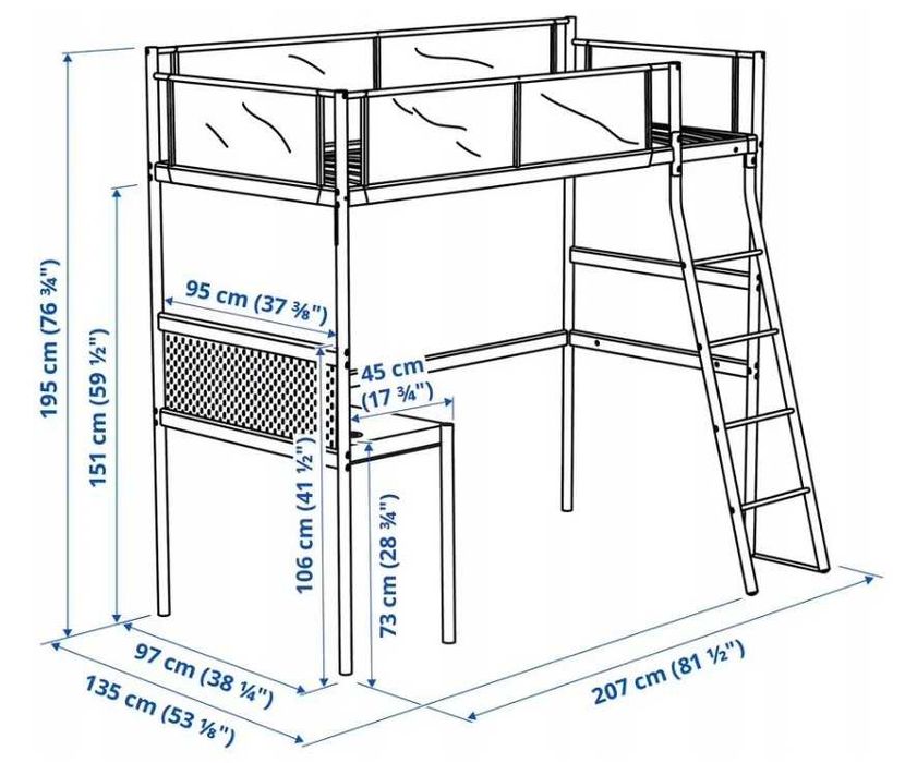 IKEA VITVAL łóżko na antresoli z biurkiem 90x200 cm + plafon LED na pilota
