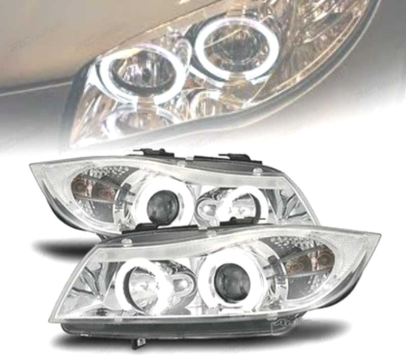 FARÓIS BMW E90 E91 05-08 ANGEL EYES FUNDO CROMADO