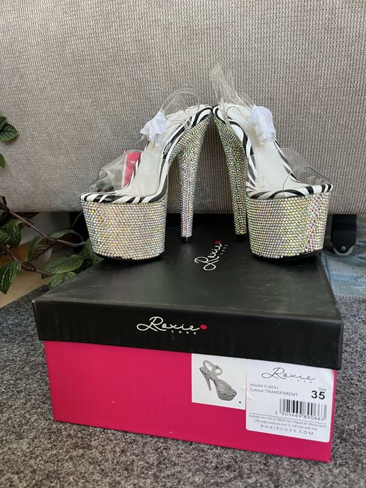 Szpilki Pole Dance zebry transparent cyrkonie 35 nowe Roxie Luve szkla