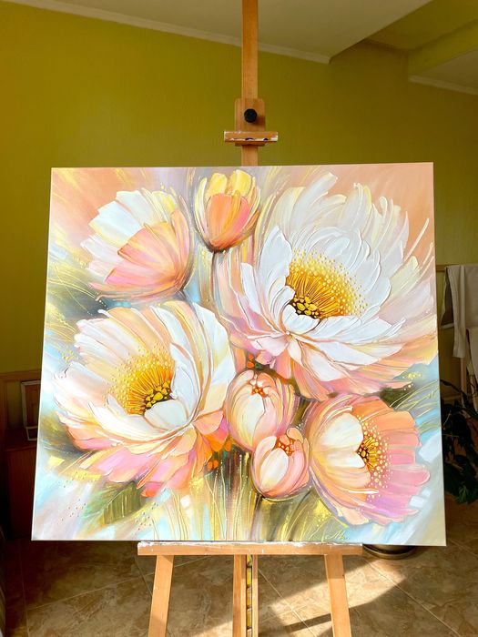 ВЕЛИКА картина квіти Піони пейзаж 90х95 (полотно/акрил) Шевченко Л.