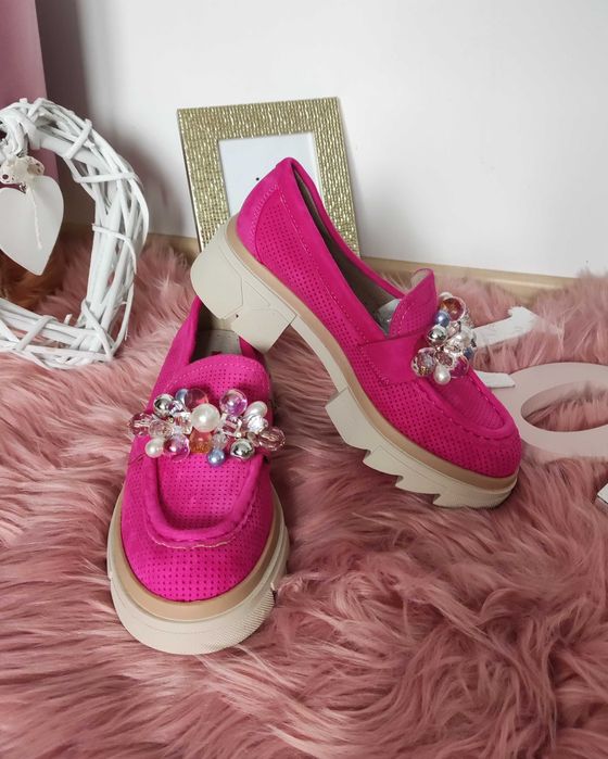 MOKASYNY półbuty DAMSKIE FUKSJA ozdoby Ażurowe 36 - 41