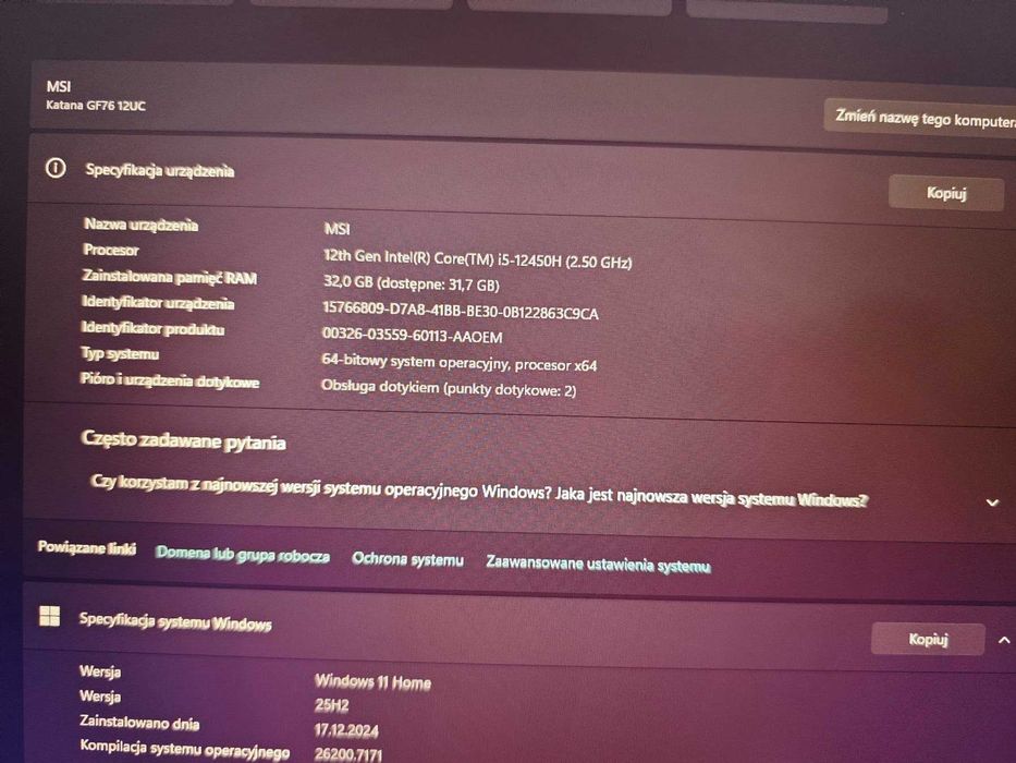 Laptop gamingowy MSI Katana GF76 12UC 17.3" i5 32gb RTX3050 ssd 1TB