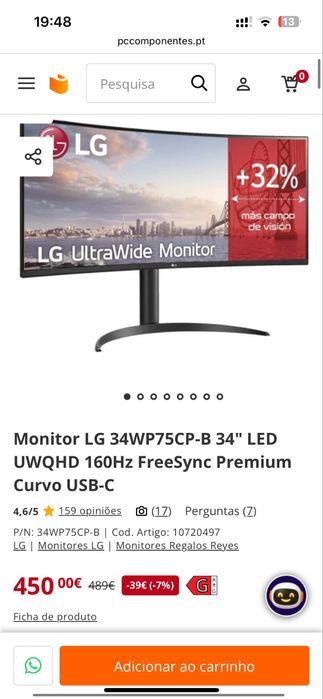 Peças Monitor LG 34WP75CP-B 34" LED Premium Curvo USB-C