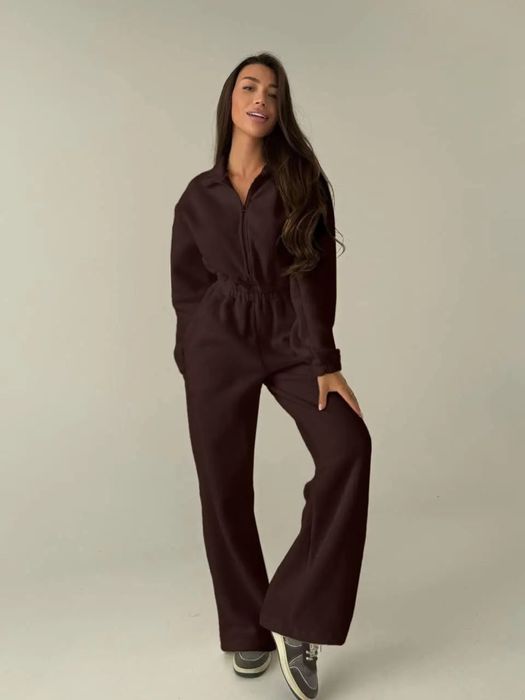 Трендовий флісовий комбінезон шоколадний костюм на блискавці палаццо