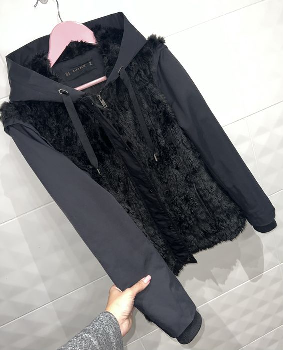 Zara czarna kurtka futerko z kapturem r. L /XL